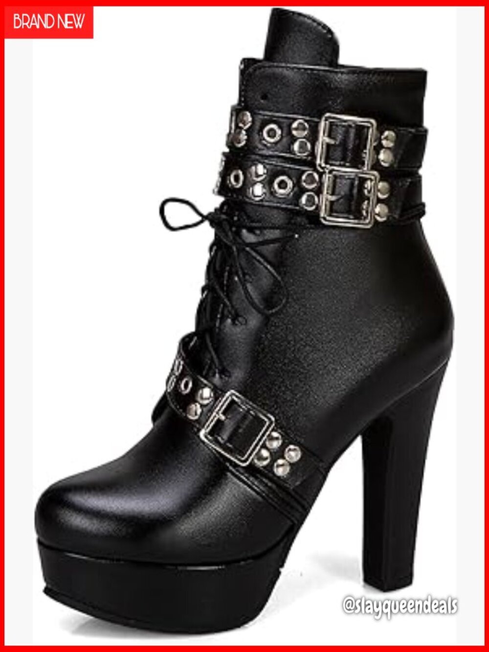 Chunky Platform Combat Boots with Studded Buckles and Side Zipper